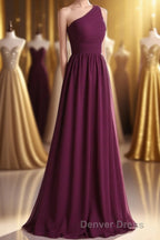 Magenta Chiffon One Shoulder A Line Long Bridesmaid Dresses