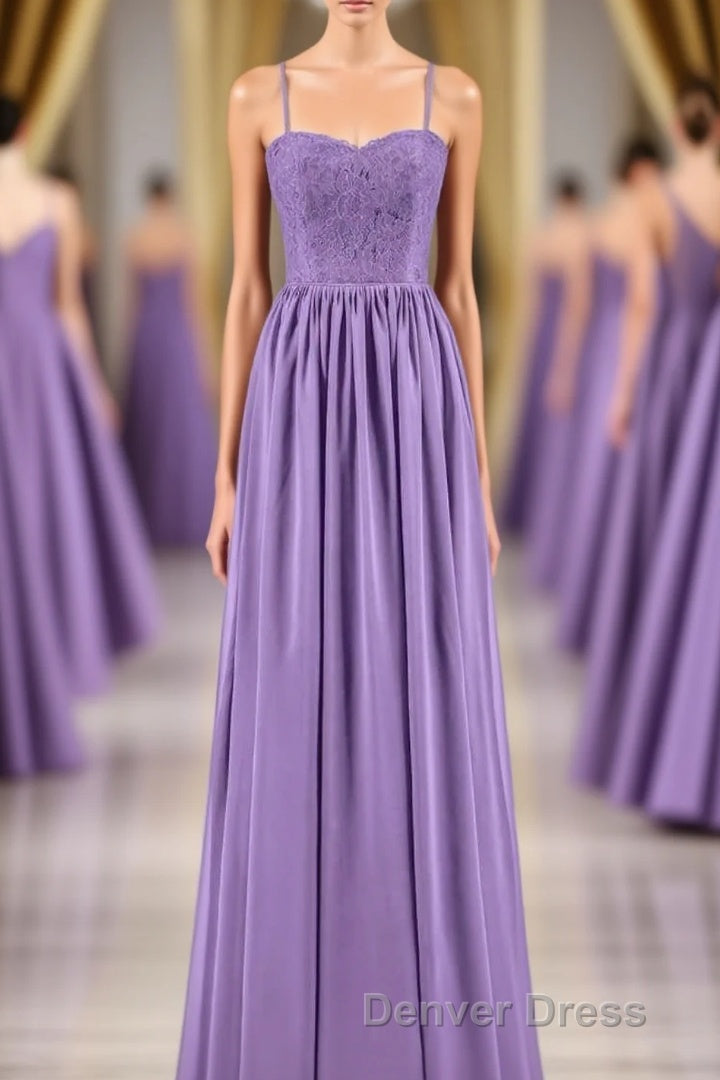 Purple Spaghetti Straps A-Line Long Bridesmaid Dresses Main image