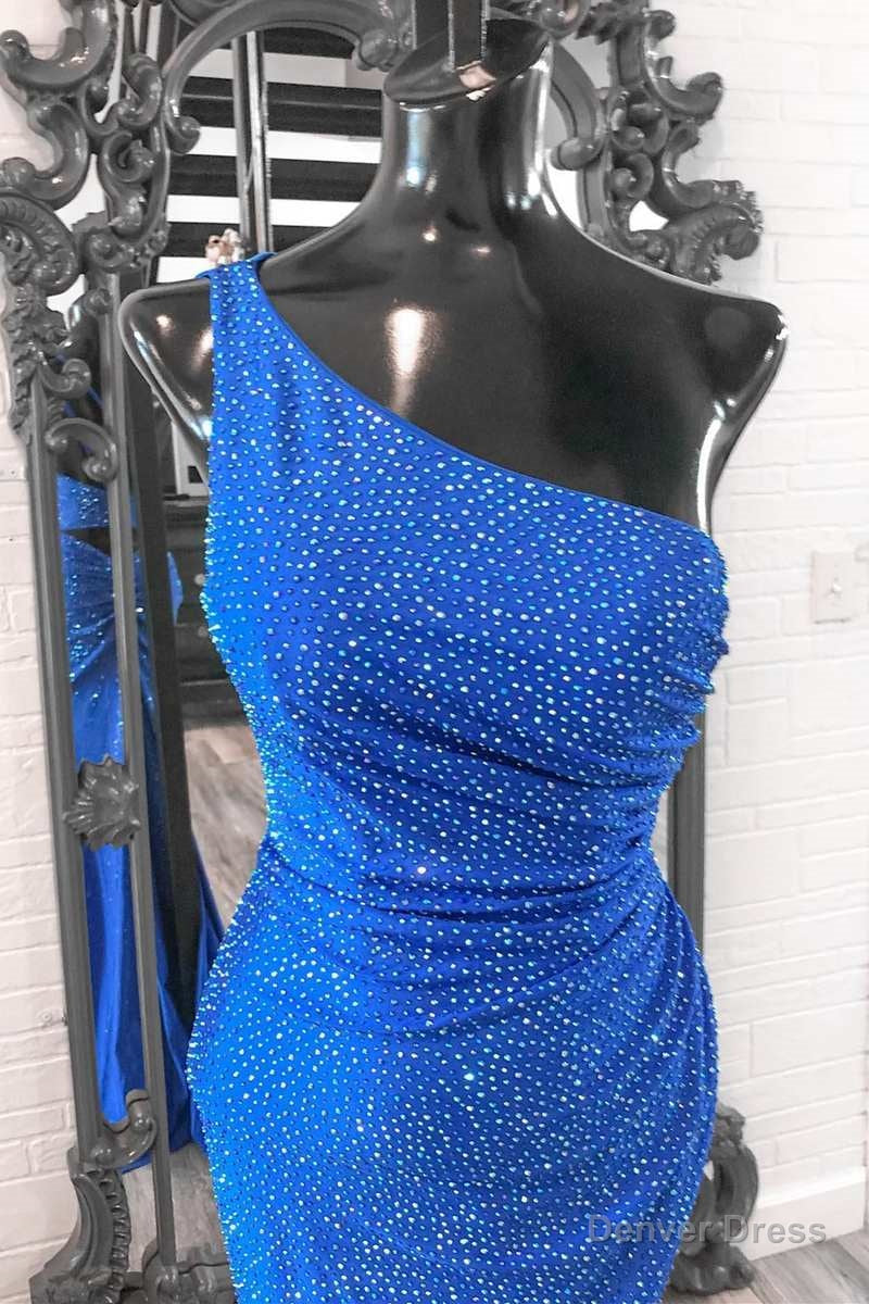 Blue Beaded One-Shoulder Ruched Long Formal Dress with Slit Main image