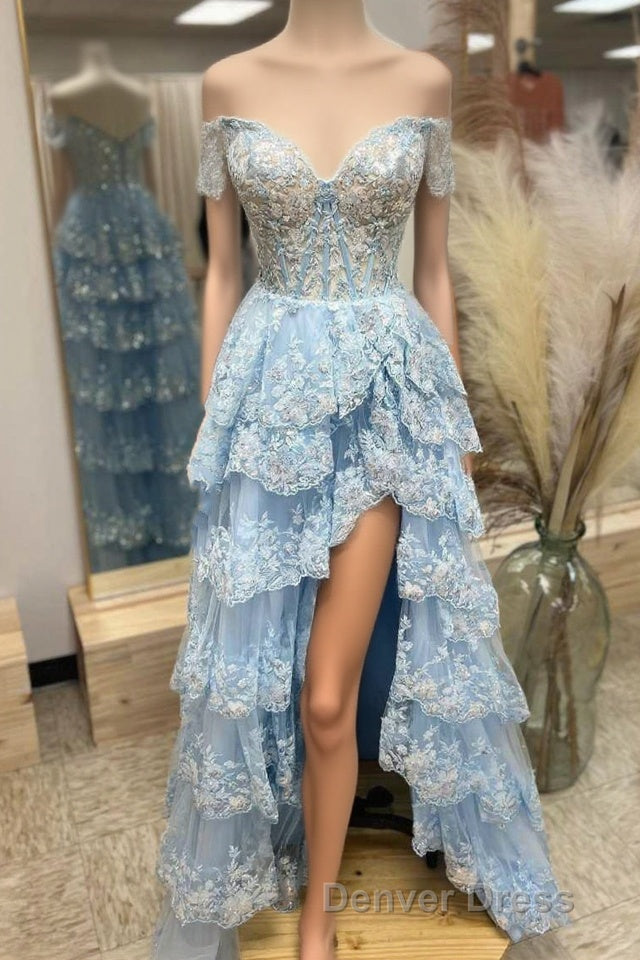 Light Blue Lace Sweetheart Tiered Long Prom Dresses with Slit Main image