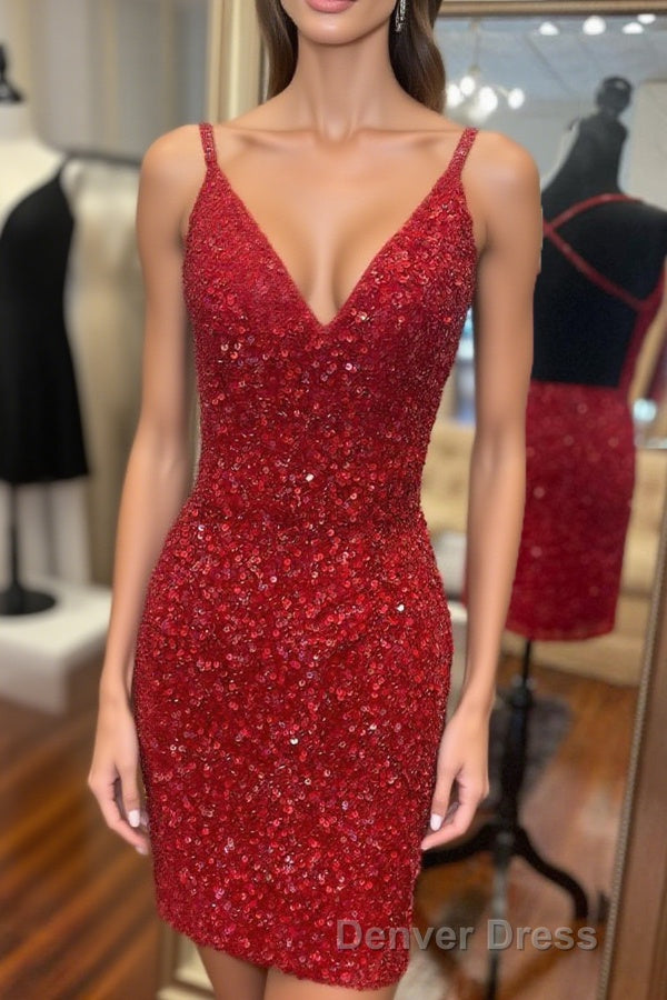 Tight V-Neck Red Mini Party Dresses Main image