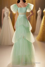 Mint Green Flare Sleeves Ruffles Long Prom Dresses