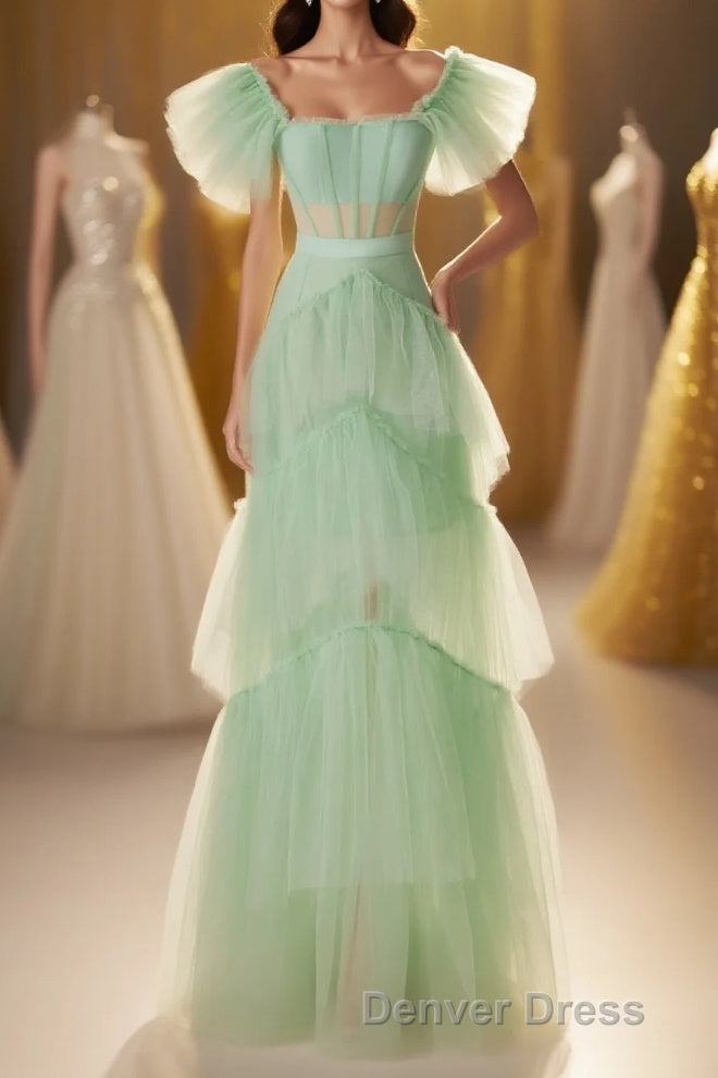Mint Green Flare Sleeves Ruffles Long Prom Dresses