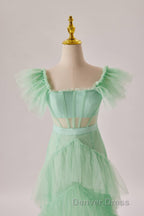Mint Green Flare Sleeves Ruffles Long Prom Dresses