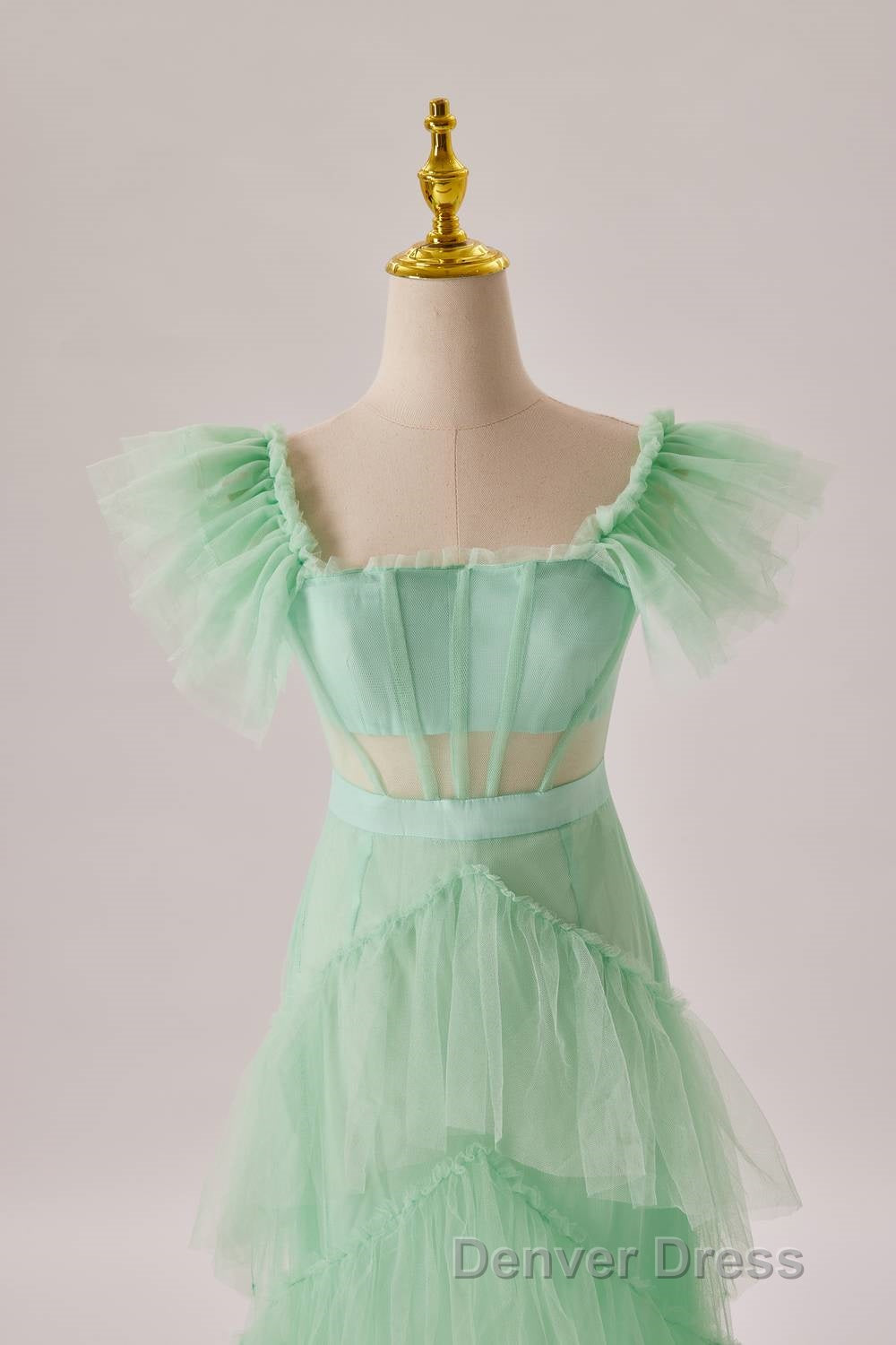 Mint Green Flare Sleeves Ruffles Long Prom Dresses