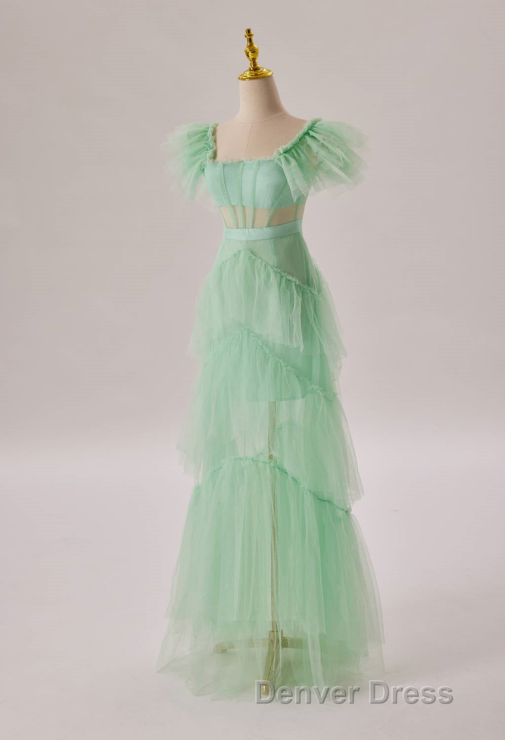 Mint Green Flare Sleeves Ruffles Long Party Dresses