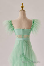 Mint Green Flare Sleeves Ruffles Long Party Dresses