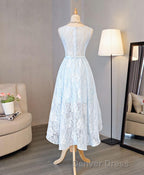 Light Blue Lace High Low Prom Dresses, Homecoming Dresses