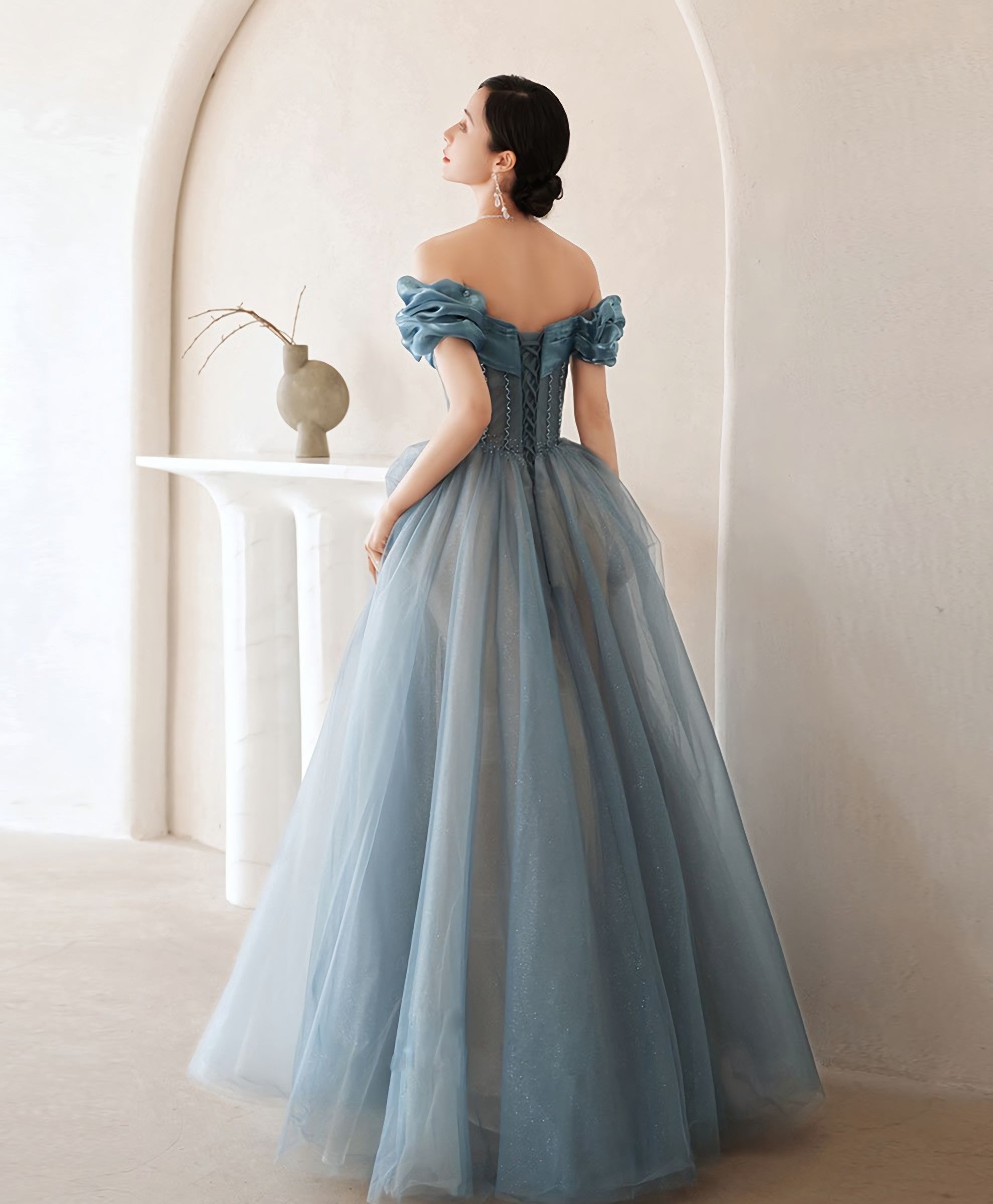 Blue Sweetheart Off Shoulder Tulle Long Prom Dress Blue Prom Dresses