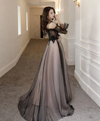 Black Tulle A Line Lace Long Prom Dress, Tulle Lace Prom Dresses