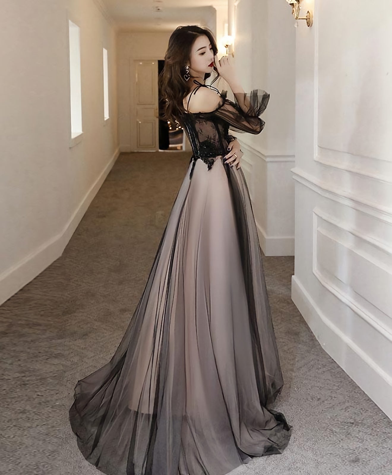 Black Tulle A Line Lace Long Prom Dress, Tulle Lace Prom Dresses