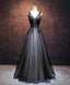 Black V Neck Tulle Lace Applique Long Prom Dress, Black Prom Dresses, 1