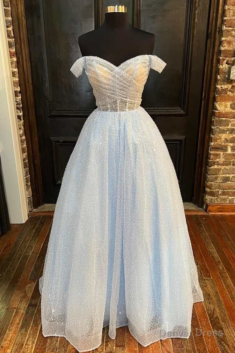Sparkle Light Blue Off-the-Shoulder A-Line Prom Gown Main image