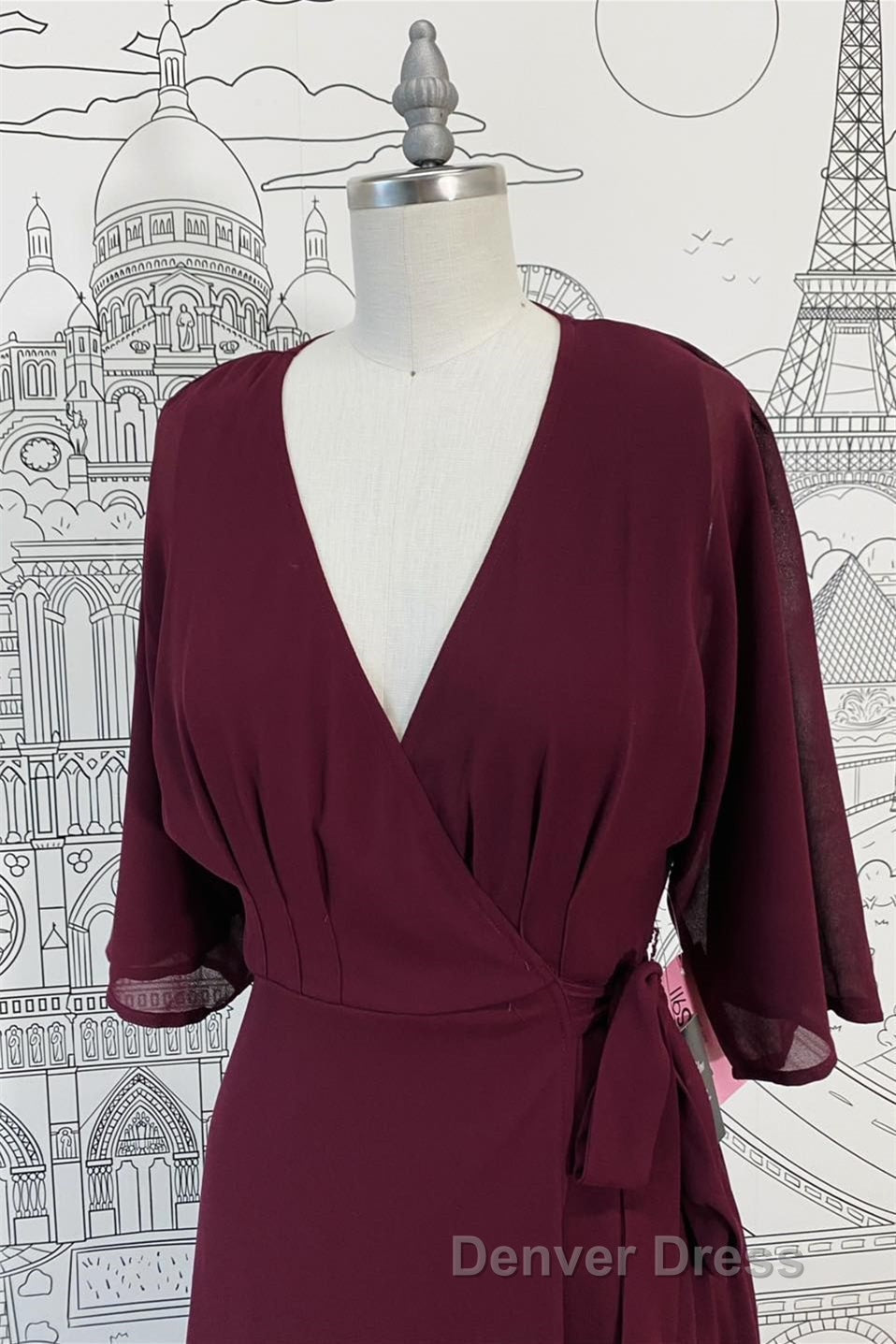 Wrap V Neck Sleeves Chiffon Long Bridesmaid Dresses with Sash