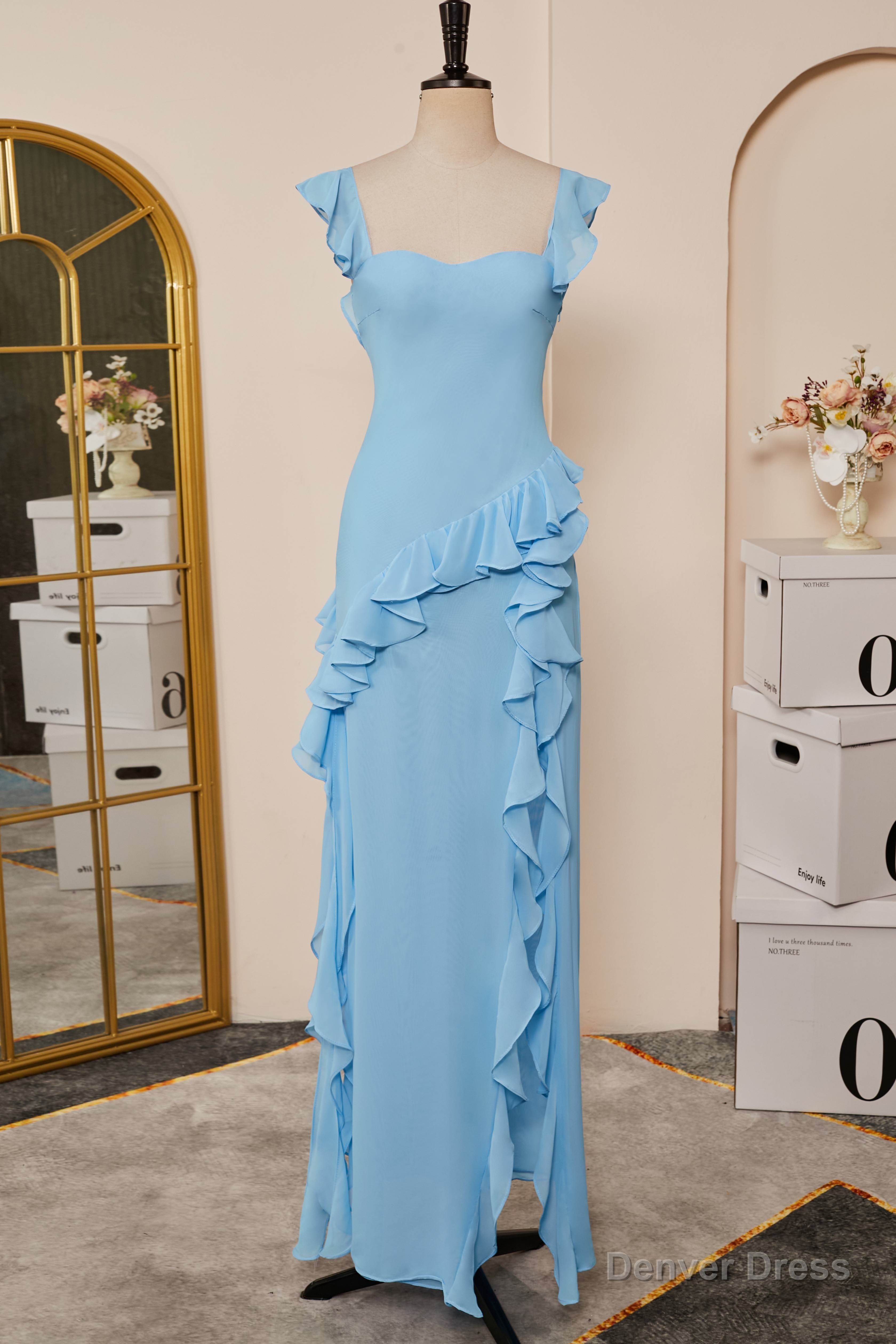 Light Blue Flaunt Sleeves Mermaid Ruffled Long Bridesmaid Dresses with Slit