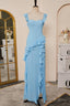 Light Blue Flaunt Sleeves Mermaid Ruffled Long Bridesmaid Dresses with Slit