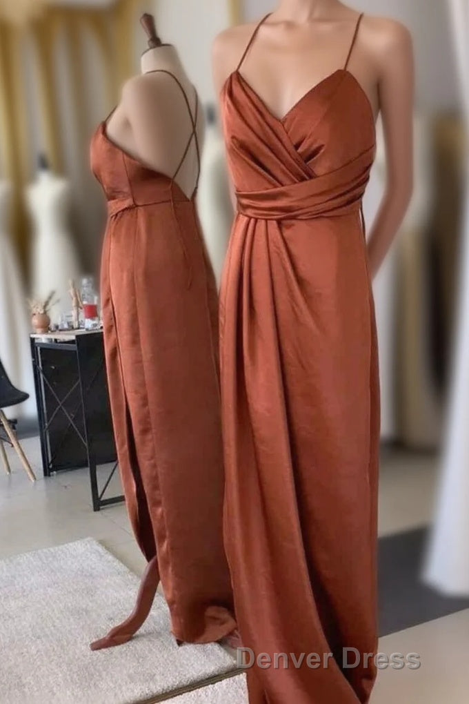 Burnt Orange Backless Long Bridesmaid Dresses with Slit