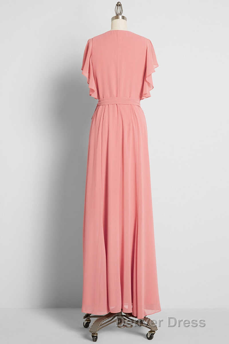 Peach Wrap Ruffled Long Bridesmaid Dresses Secondary image