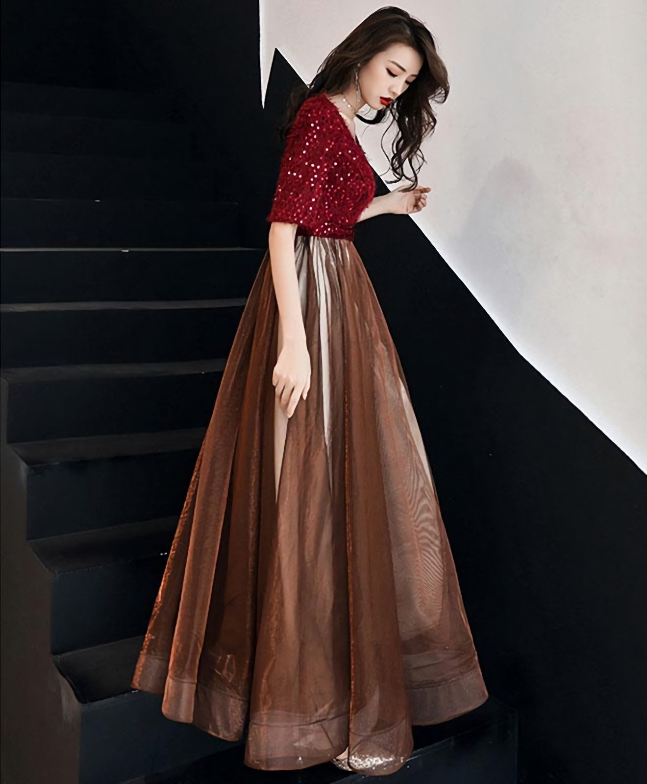 Burgundy Sequin Tulle Long Prom Dress Burgundy Prom Dresses