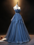 Blue Sweetheart Neck Tulle Long Prom Dress, Blue Prom Dresses