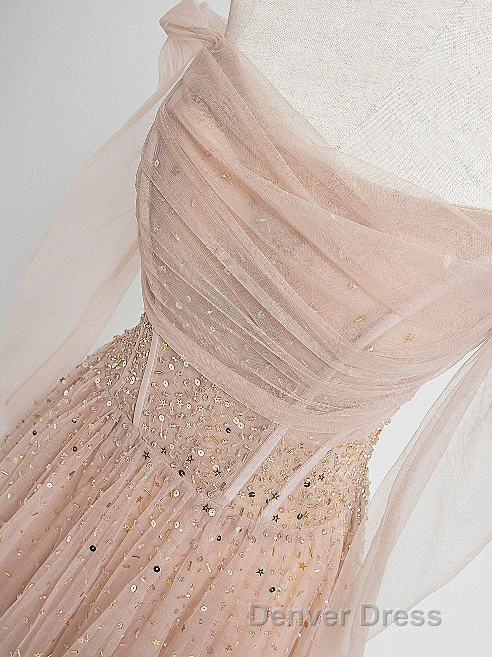 Champagne Pink Tulle Beads Long Prom Dresses, Champagne Evening Dresses Secondary image