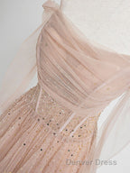 Champagne Pink Tulle Beads Long Prom Dresses, Champagne Evening Dresses