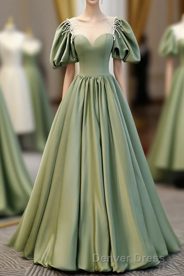 Simple Green Satin Long Prom Dresses, Green Evening Dresses