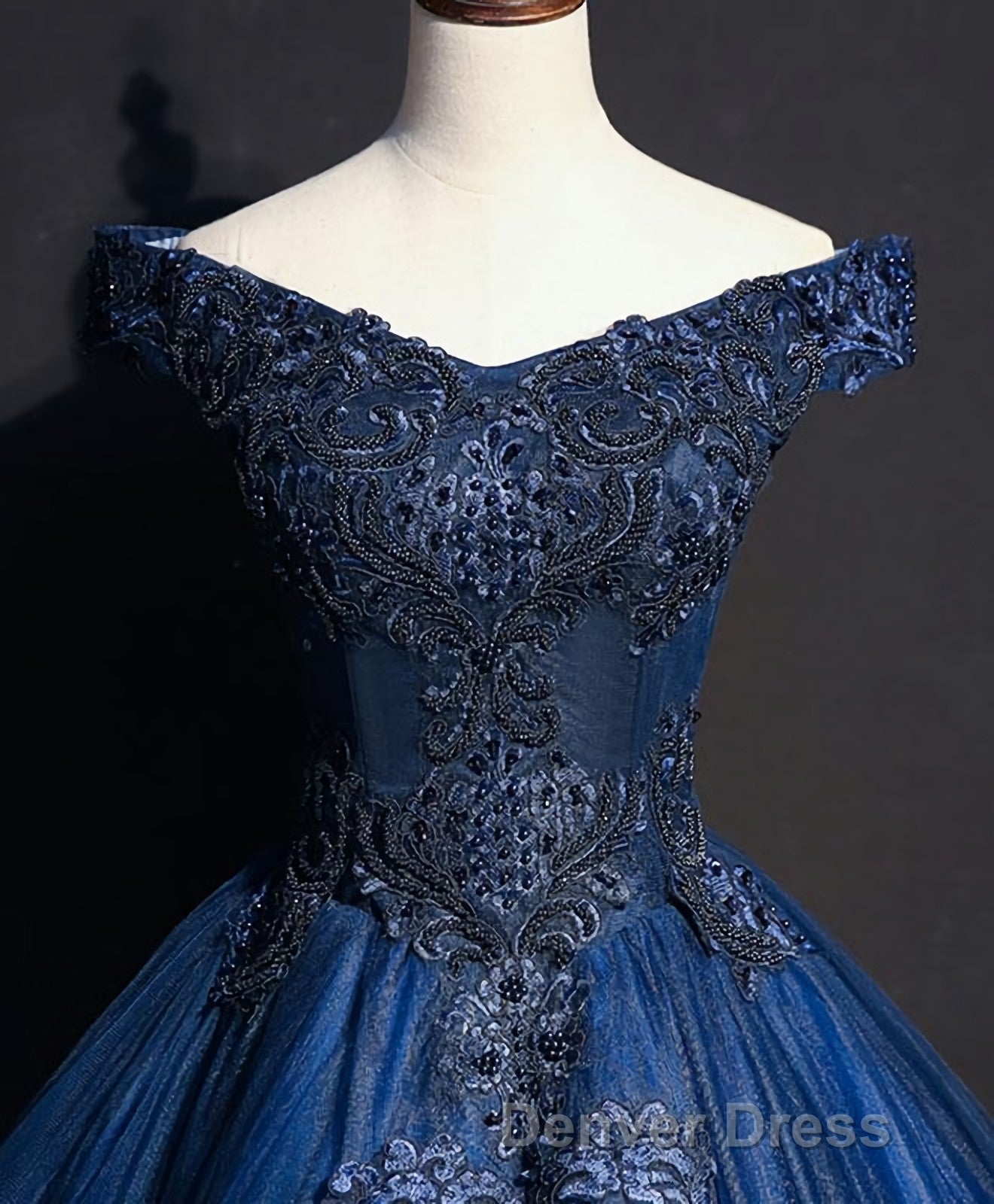 Blue Tulle Lace Off Shoulder Long Prom Dresses, Blue Tulle Lace Evening Dresses Secondary image