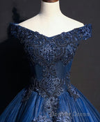 Blue Tulle Lace Off Shoulder Long Prom Dress, Blue Tulle Lace Prom Dresses