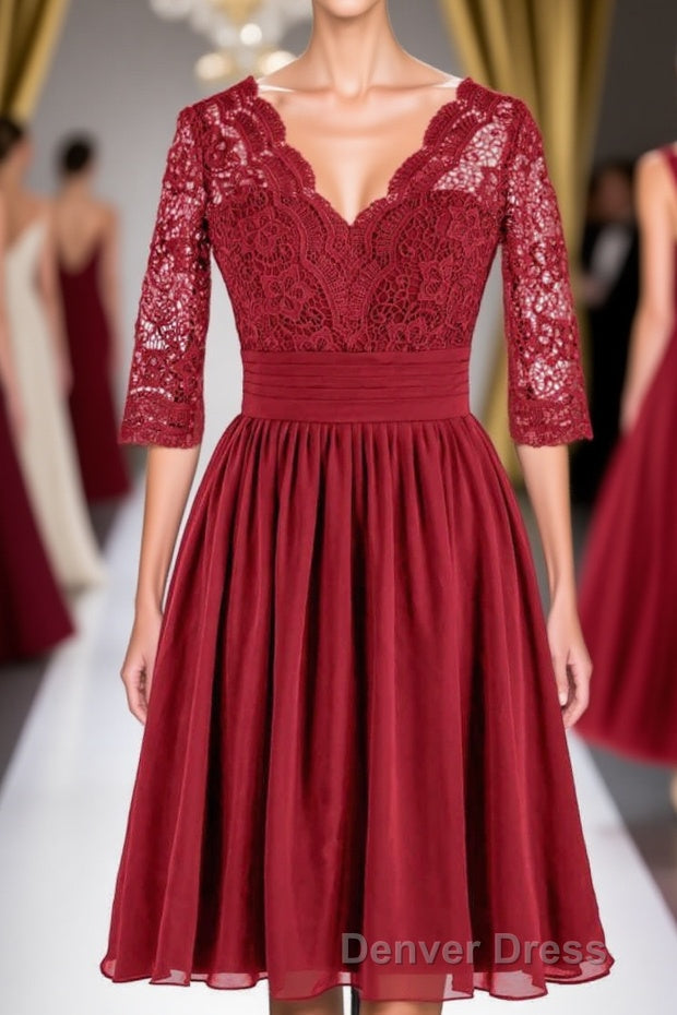 Red Lace V Neck Backless Short Bridesmaid Dresses