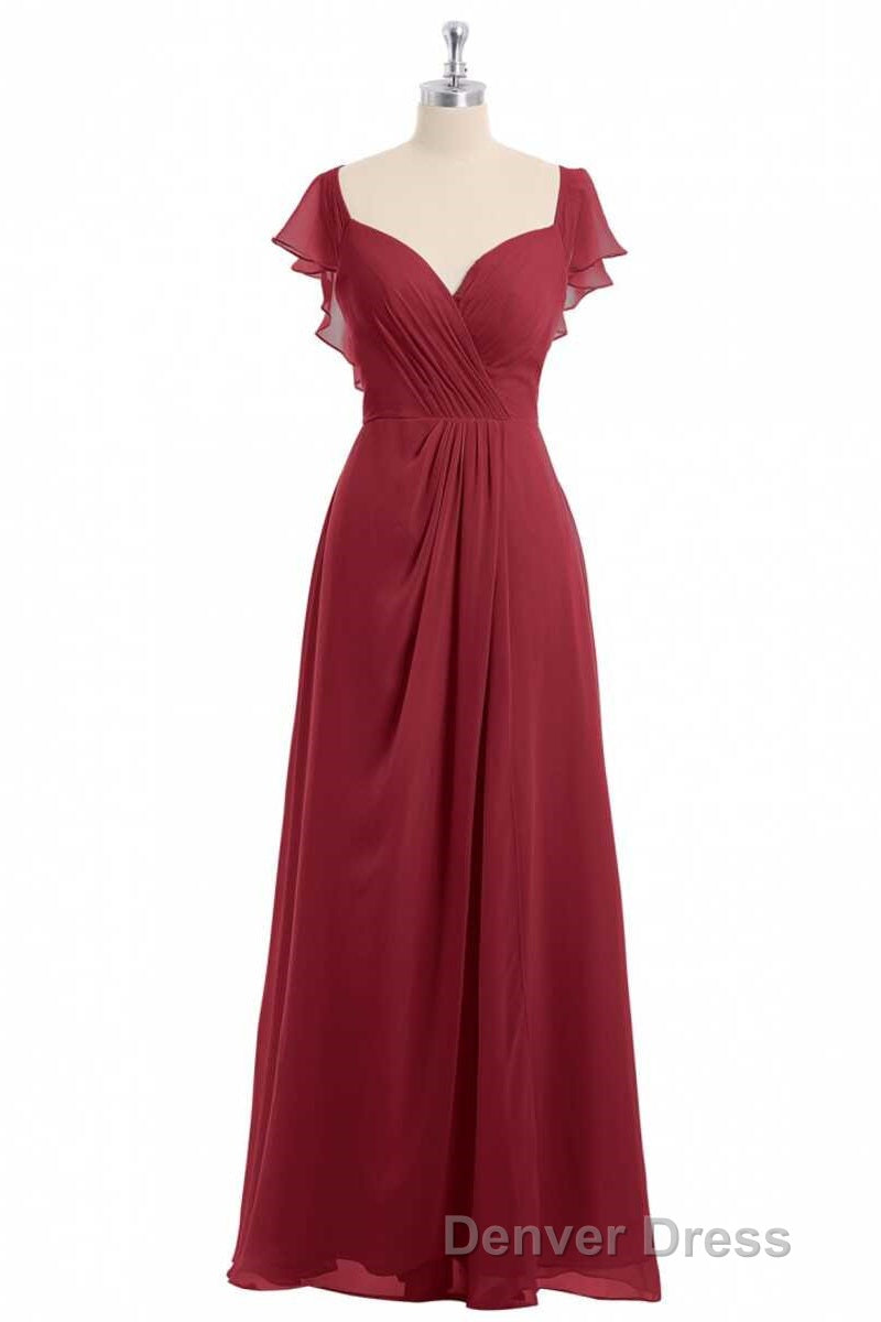Wine Red Chiffon Backless Ruffled Sleeve Long Bridesmaid Dresses