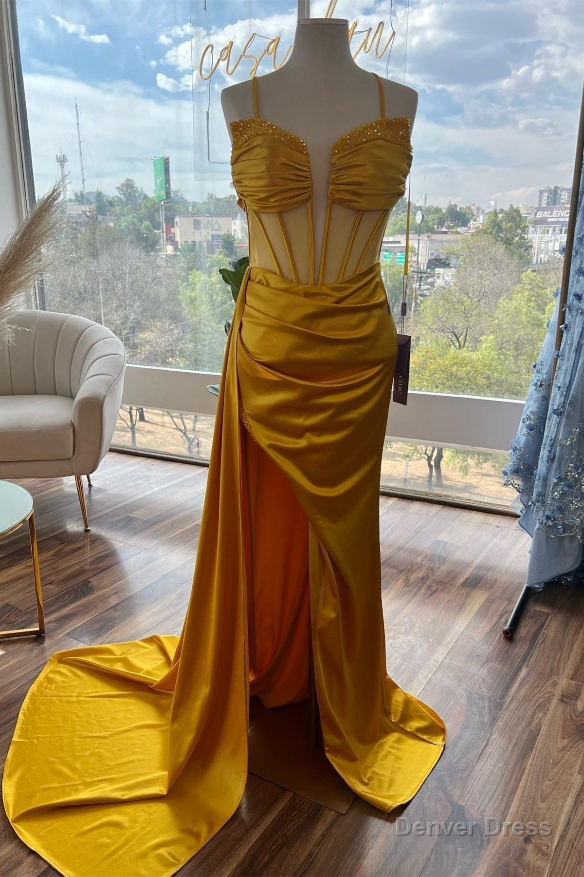 Yellow Beaded Mermaid Satin Deep V Neck Long Prom Dress with Slit Main image