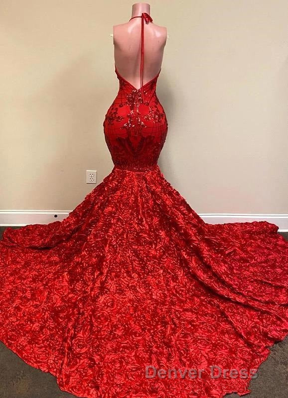 Burgundy Halter Mermaid V-neck Low back Flowers Prom Dresses Secondary image