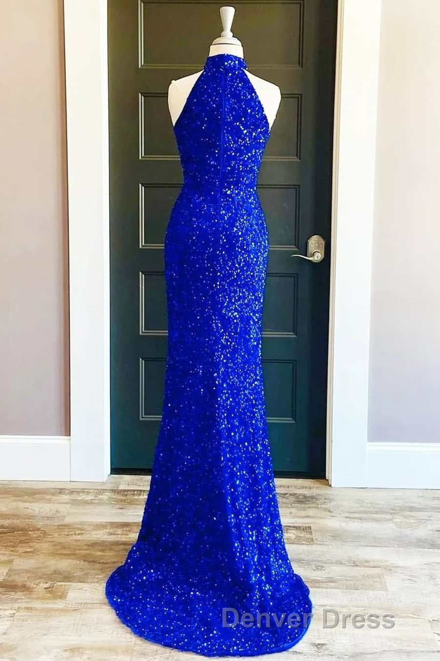 Blue Sequin Halter Long Formal Dresses with Slit Secondary image