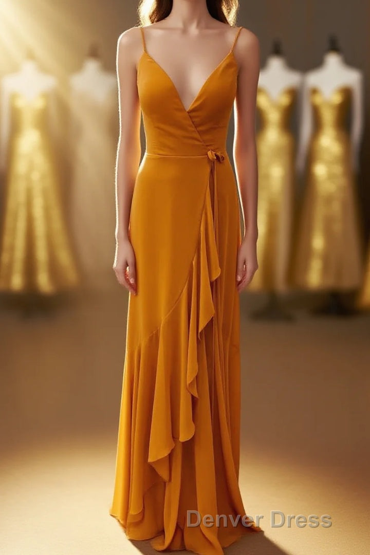 Rust V-Neck Spaghetti Straps Ruffled Long Bridesmaid Dresses Main image