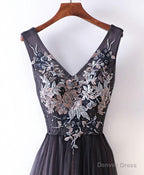 Black V Neck Lace Applique Tulle Long Prom Dress, Black Prom Dresses
