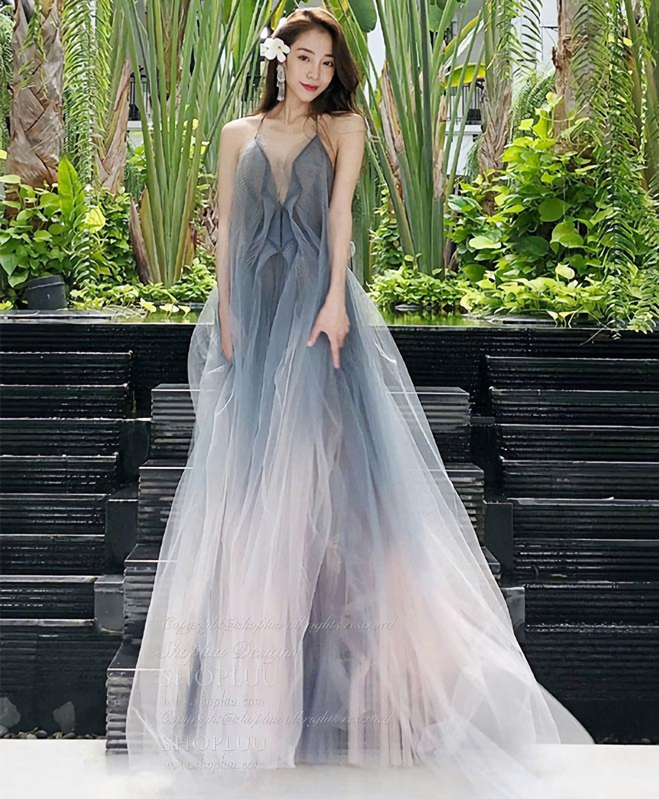 Gray V Neck Tulle Long Prom Dress Gray Tulle Prom Dresses 1