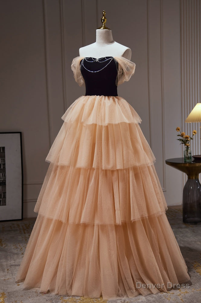 Champagne Off The Shoulder Prom Gowns A Line Tulle Long Prom Dresses