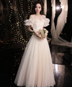 Champagne Tulle Lace Off Shoulder Long Prom Dress Tulle Prom Dresses