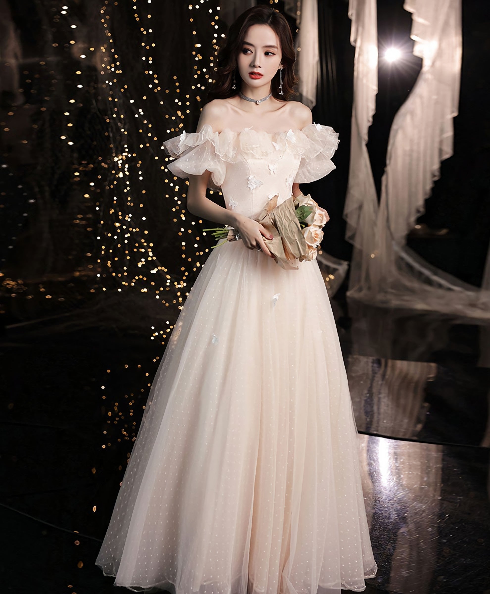 Champagne Tulle Lace Off Shoulder Long Prom Dress Tulle Prom Dresses