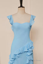 Light Blue Flaunt Sleeves Mermaid Ruffled Long Bridesmaid Dresses with Slit