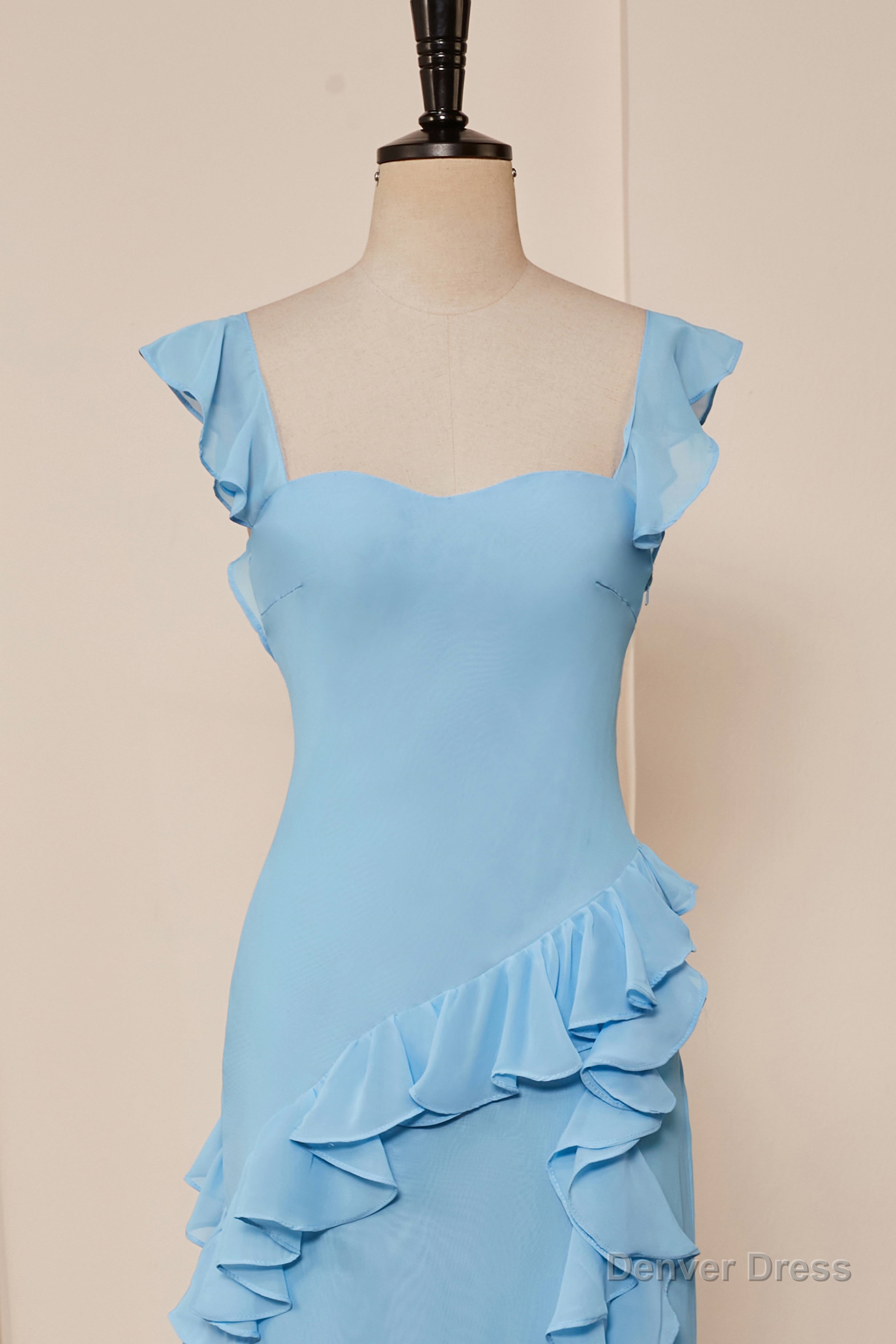 Light Blue Flaunt Sleeves Mermaid Ruffled Long Bridesmaid Dresses with Slit