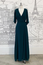 Wrap V Neck Sleeves Chiffon Long Bridesmaid Dresses with Sash