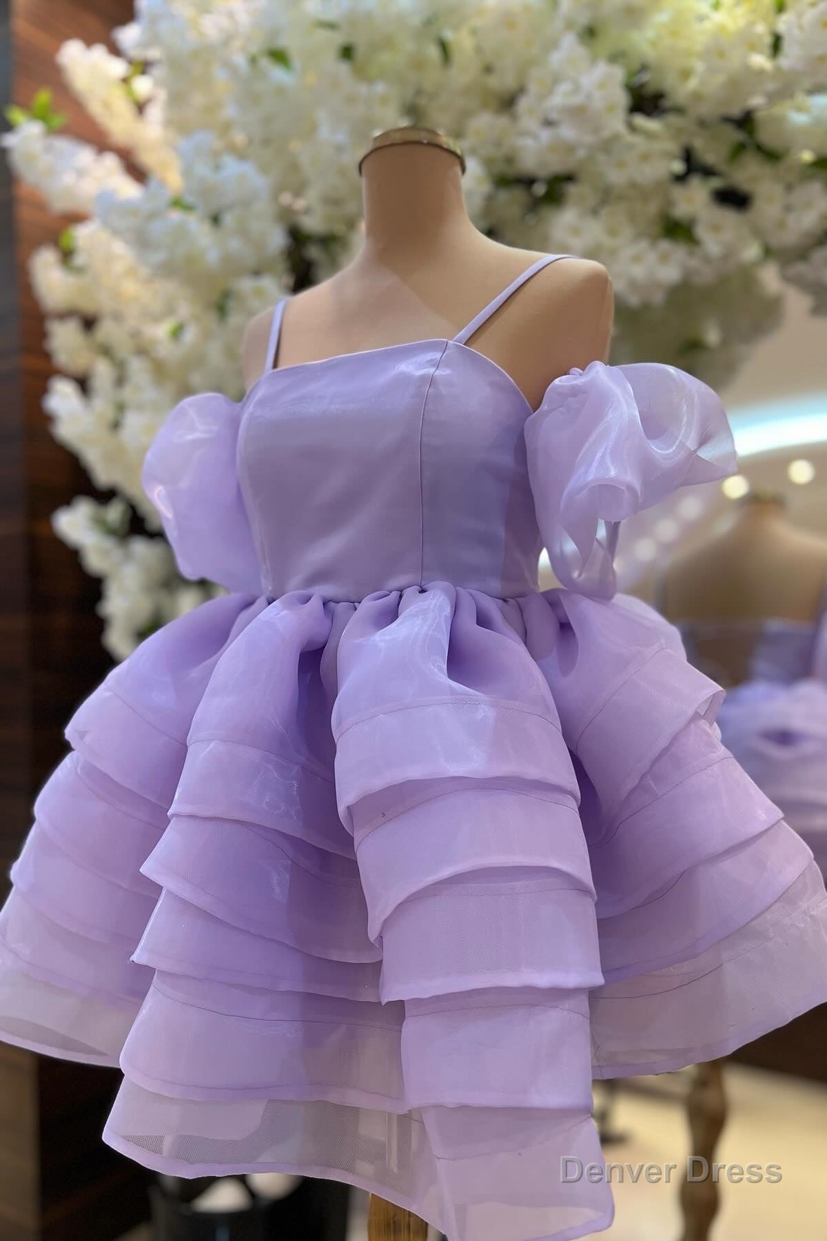 Lavender Cold Shoulder Straps Puff Sleeves Layers Homecoming Dresses Secondary image