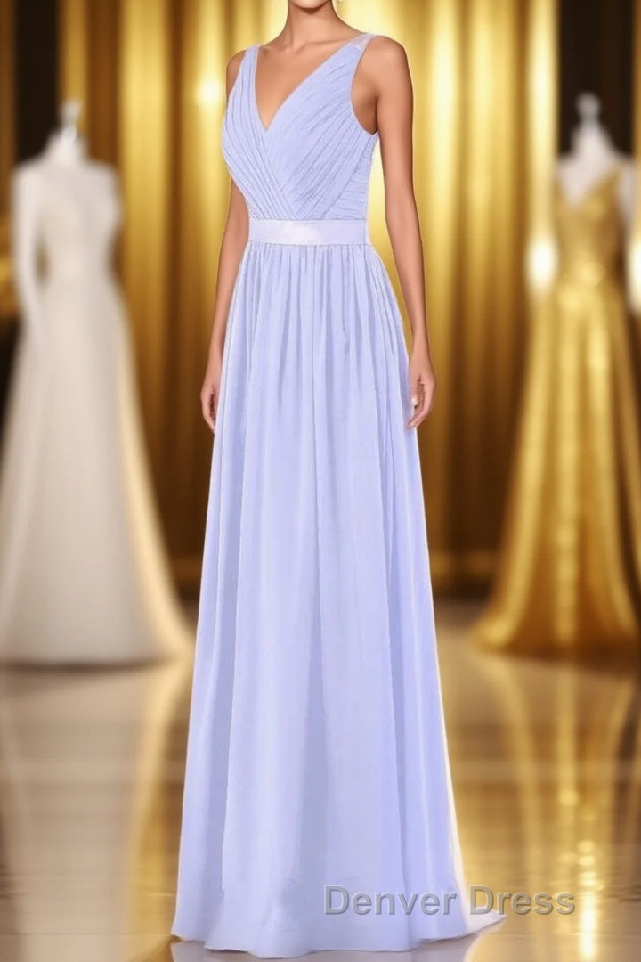 Lavender Chiffon V Neck Backless Long Bridesmaid Dresses
