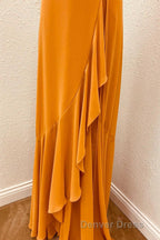 Rust V Neck Spaghetti Straps Ruffled Long Bridesmaid Dresses