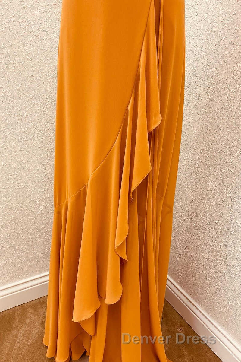 Rust V Neck Spaghetti Straps Ruffled Long Bridesmaid Dresses