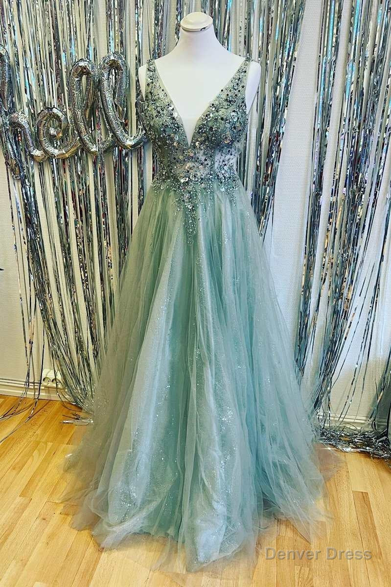 Mint Green Beaded V-Neck Backless A-Line Prom Dress Main image