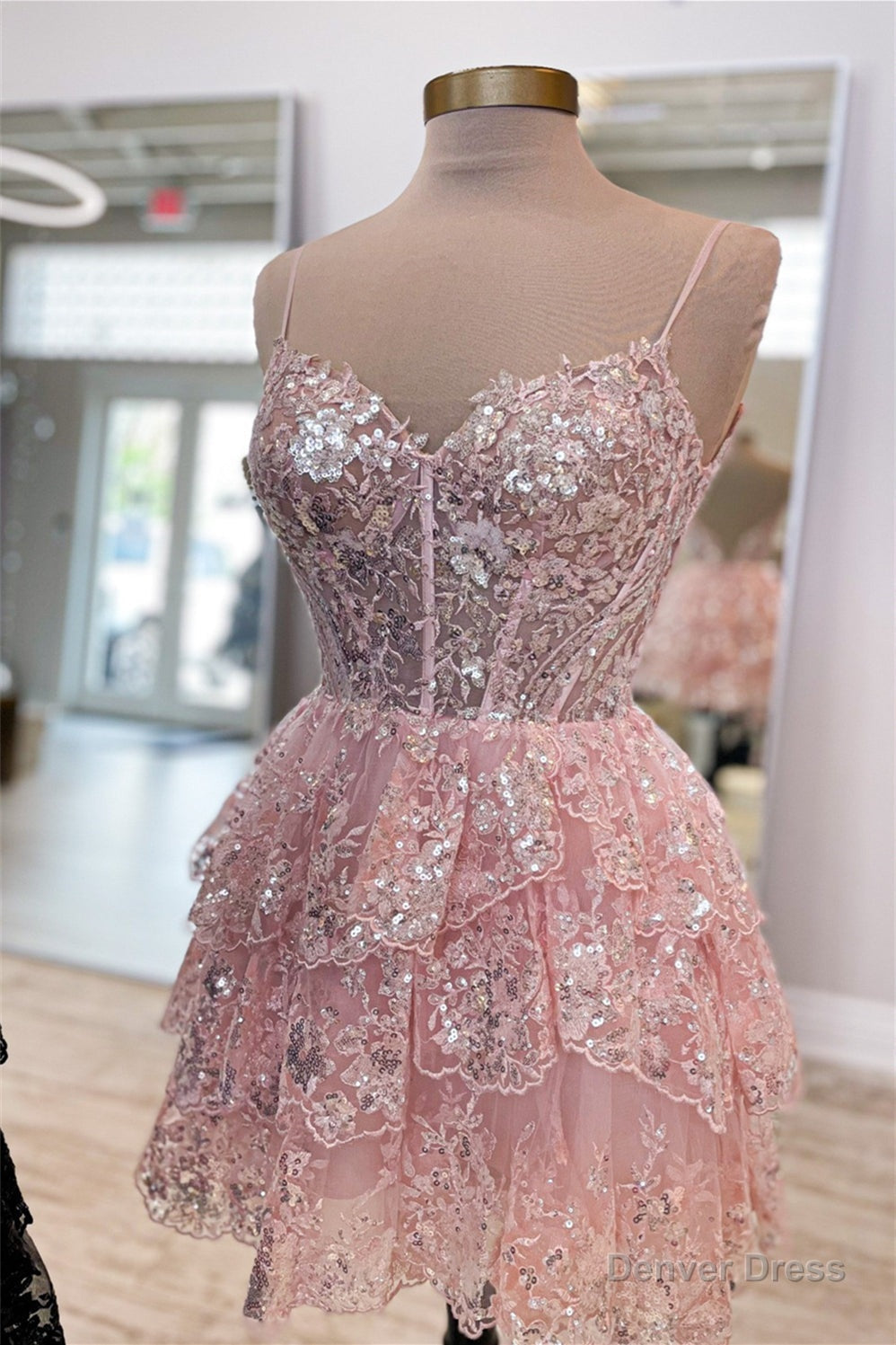 Pink Straps Sequined Multi Layers Tulle Homecoming Dresses