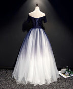 Blue Tulle Lace Long Prom Dress, Blue Tulle Lace Prom Dresses